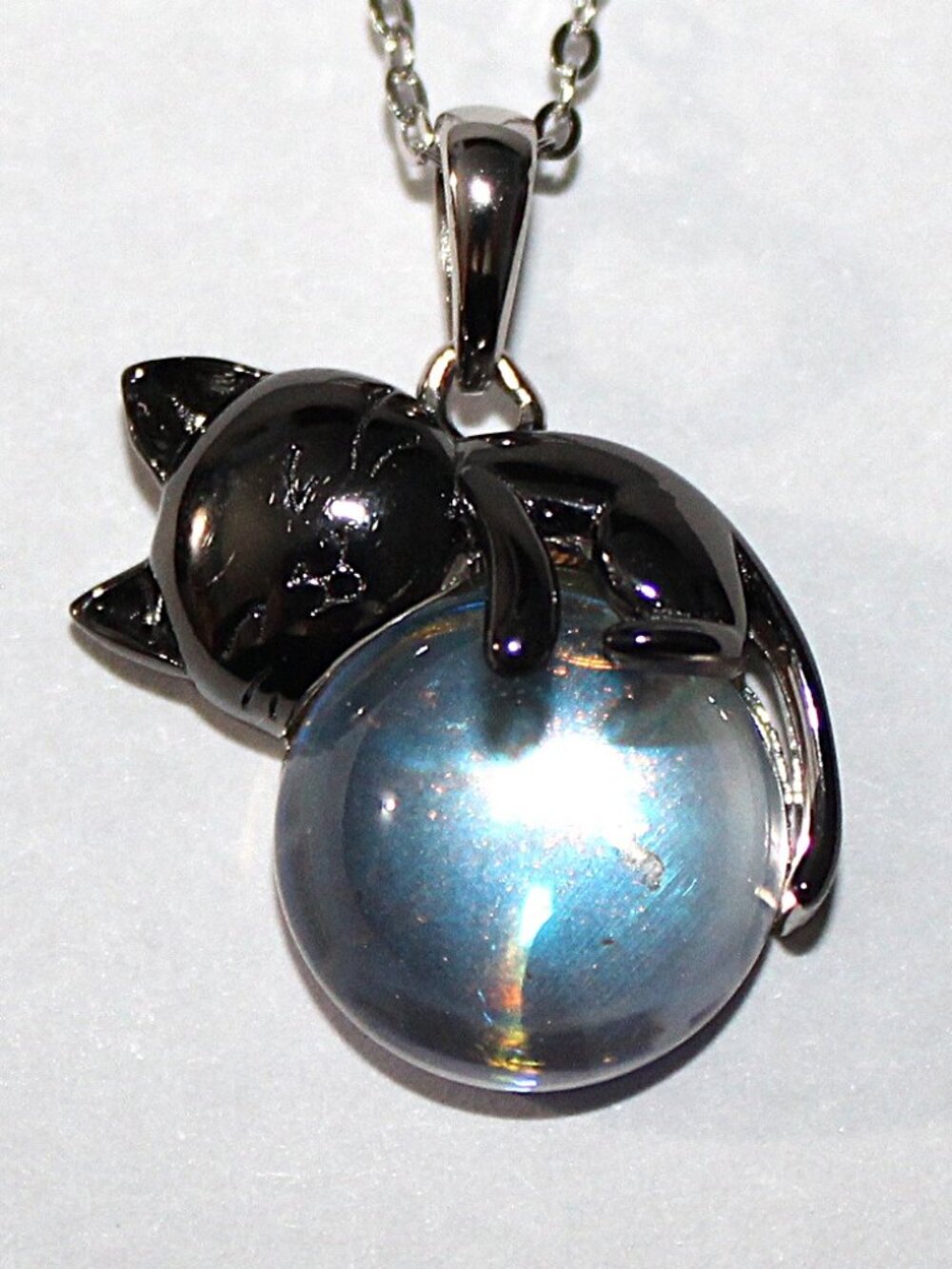 Sterling Silver Black Cat Hugging A Crystal Ball Necklace
